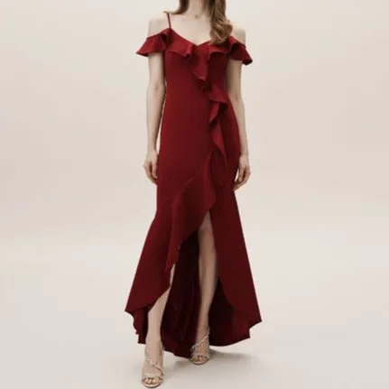 Plain satin ruffled burgundy dress with split legs