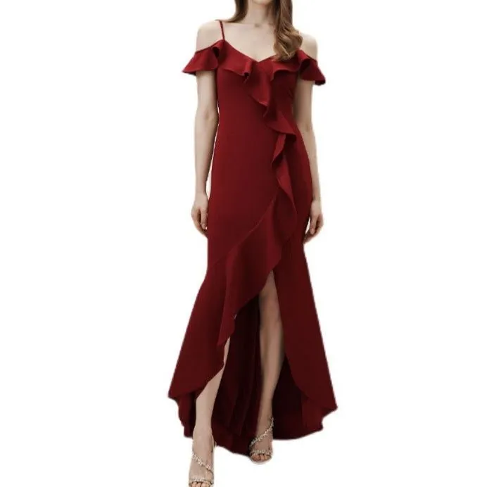 Plain satin ruffled burgundy dress with split legs