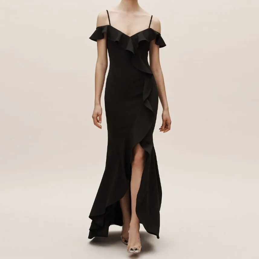 Plain satin ruffled burgundy dress with split legs