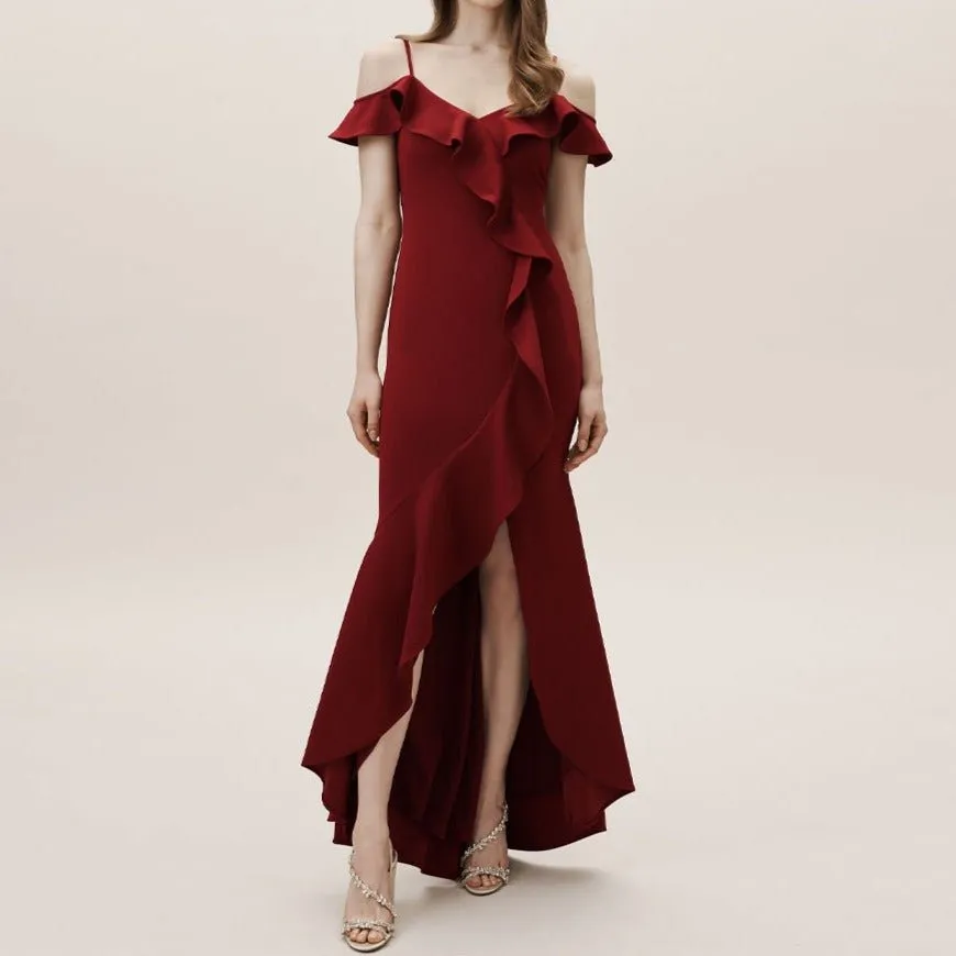 Plain satin ruffled burgundy dress with split legs