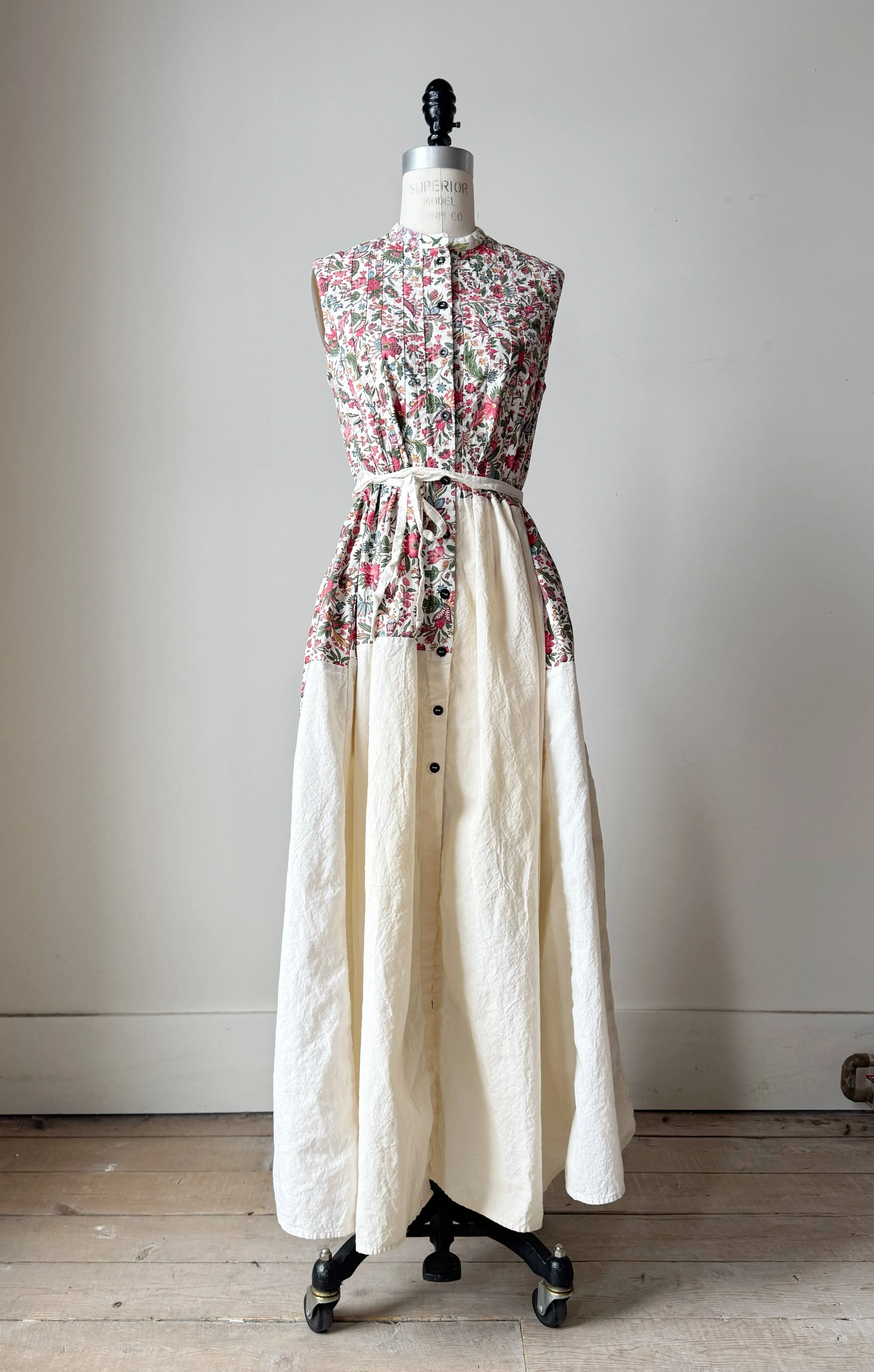 pleated and patched bodice work dress with antique cotton floral