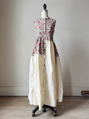 pleated and patched bodice work dress with antique cotton floral