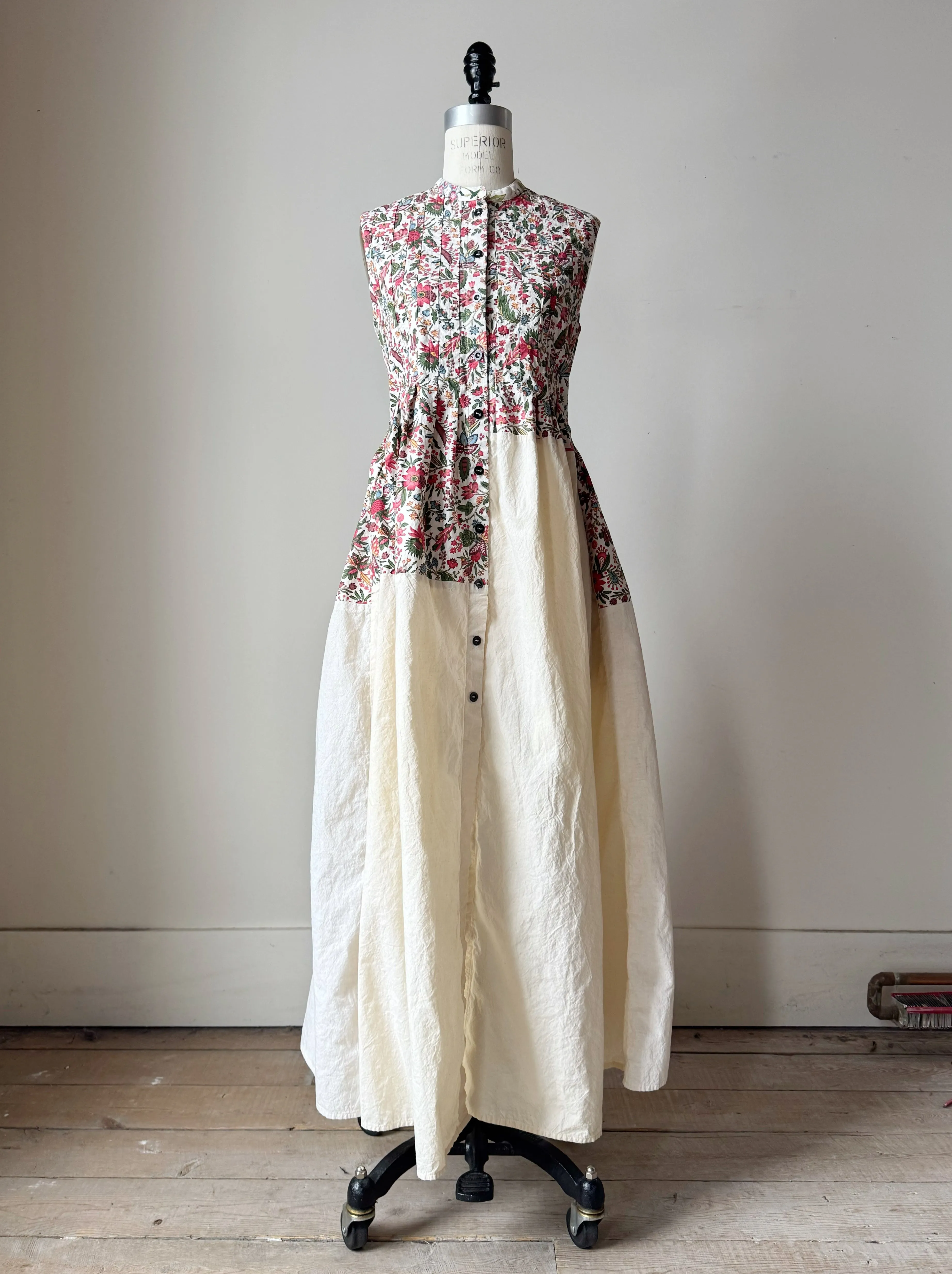 pleated and patched bodice work dress with antique cotton floral