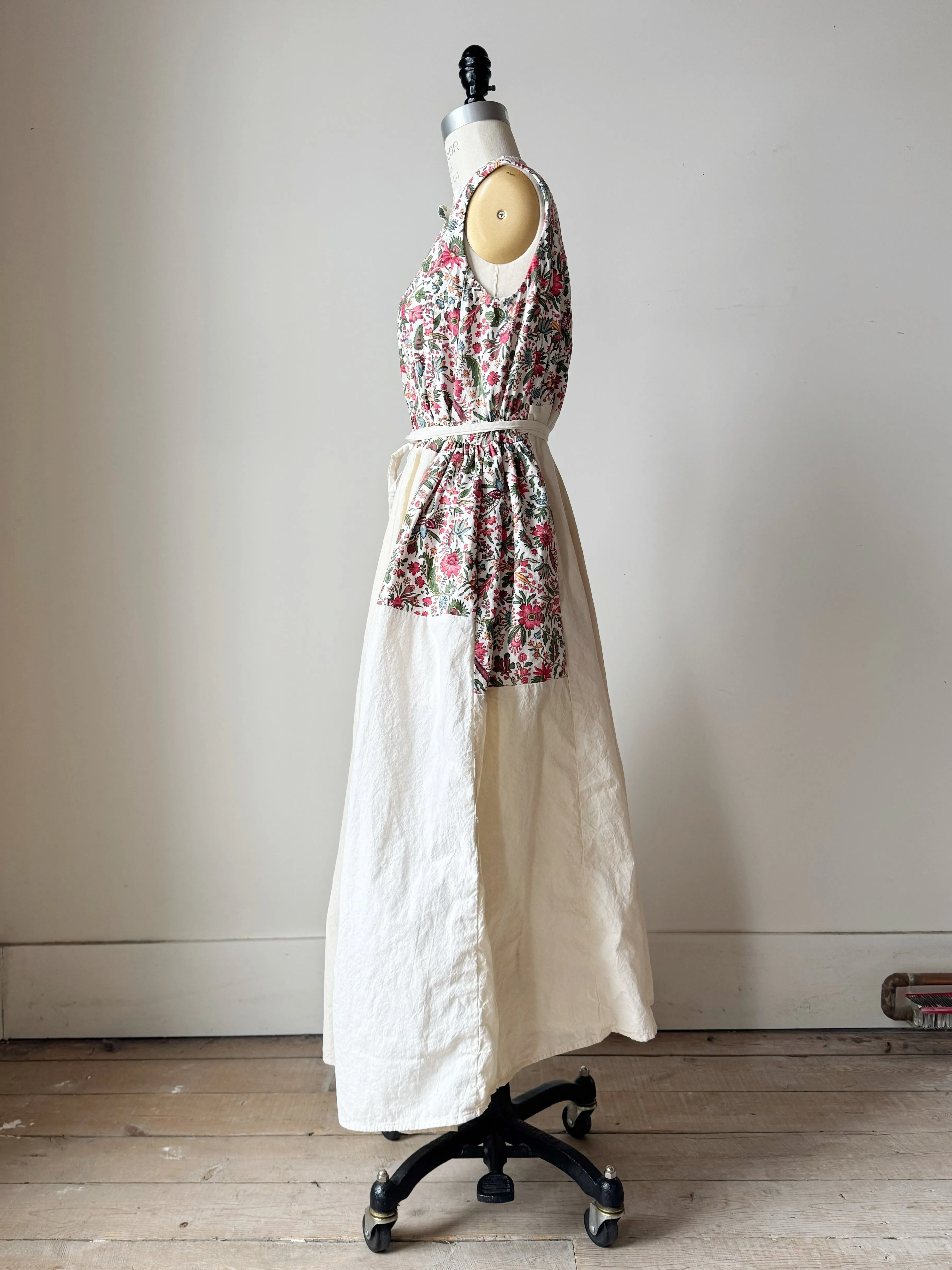 pleated and patched bodice work dress with antique cotton floral