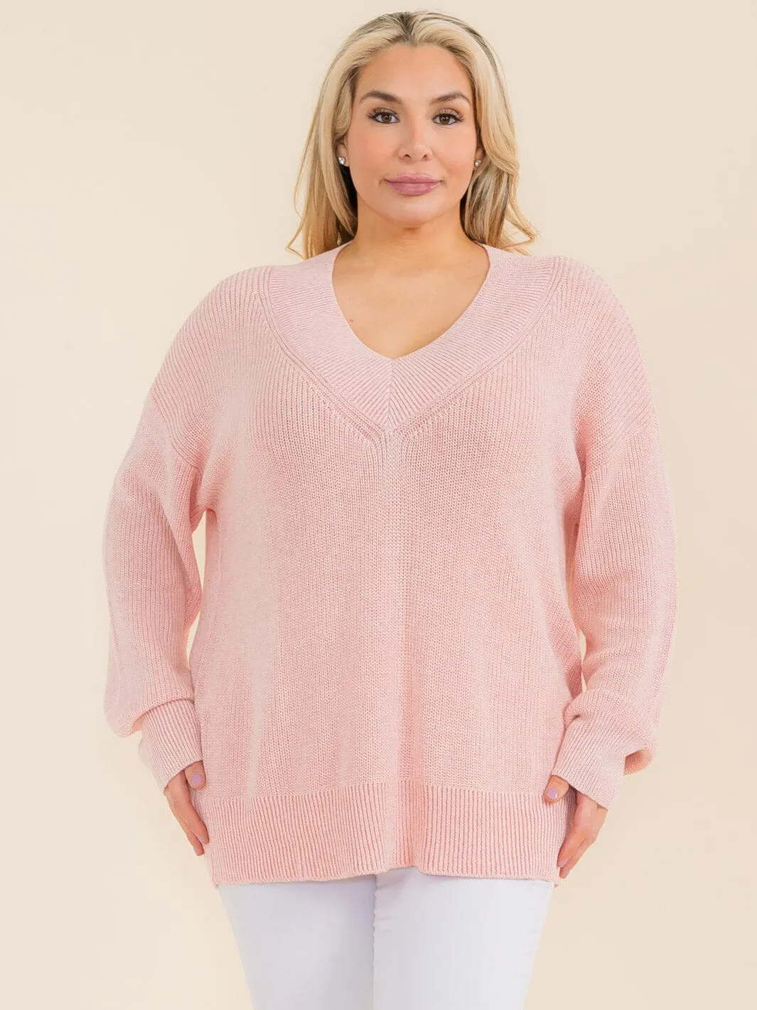 PLUS SIZE LONG SLEEVE V-NECK KNIT PULLOVER SWEATER