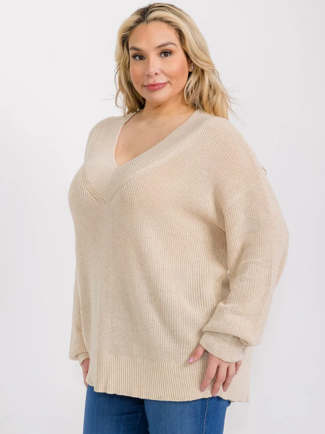 PLUS SIZE LONG SLEEVE V-NECK KNIT PULLOVER SWEATER