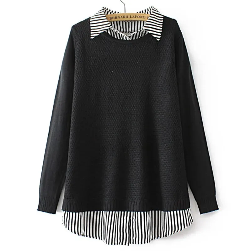 Plus Size Patchwork Striped Sweater Two Pieces