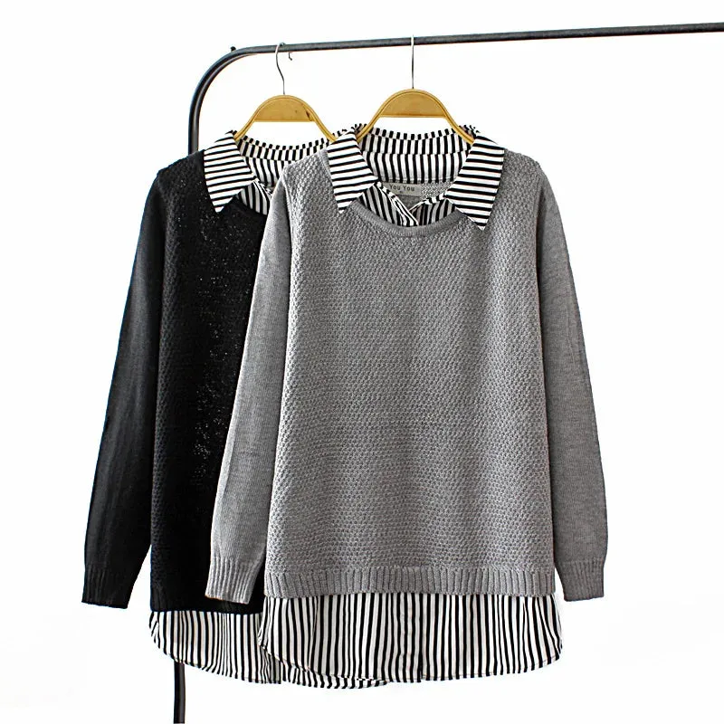 Plus Size Patchwork Striped Sweater Two Pieces