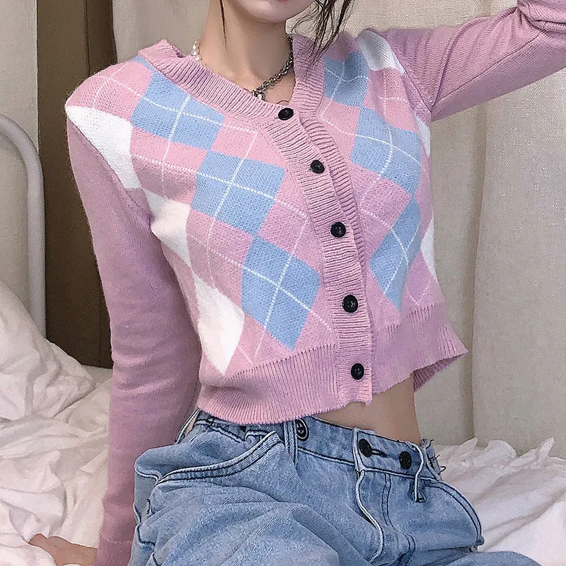 "FIVE COLORS DIAMOND PLAID SWEATER" CARDIGAN N103005