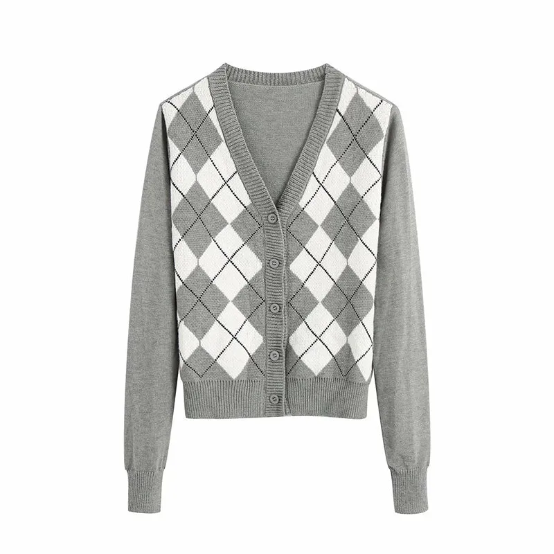 "FIVE COLORS DIAMOND PLAID SWEATER" CARDIGAN N103005