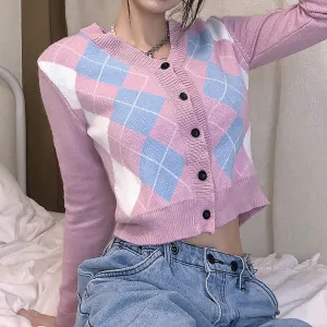 "FIVE COLORS DIAMOND PLAID SWEATER" CARDIGAN N103005