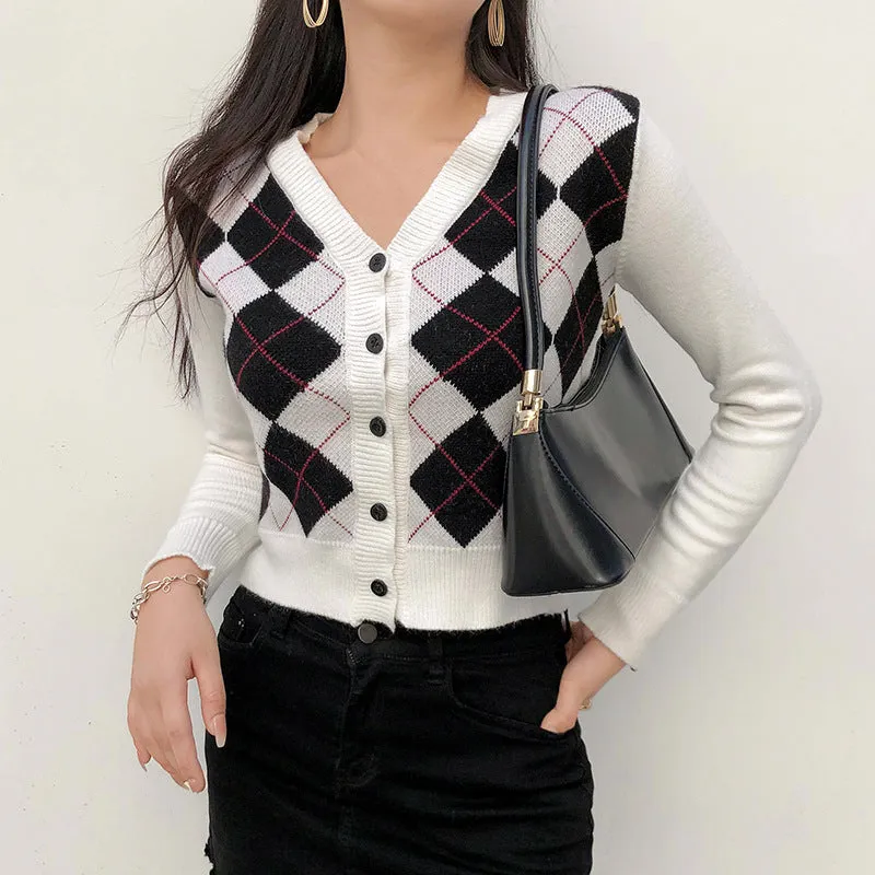 "FIVE COLORS DIAMOND PLAID SWEATER" CARDIGAN N103005