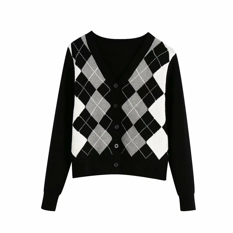 "FIVE COLORS DIAMOND PLAID SWEATER" CARDIGAN N103005