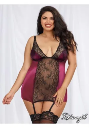 Raspberry/Black - Satin Lace Garter Slip - Size