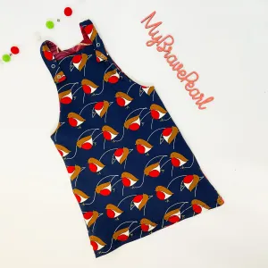 Ready To Ship 4-5Y length 3-4Y Width Christmas reversible Dungaree Dresses Robins/Burgundy Agate