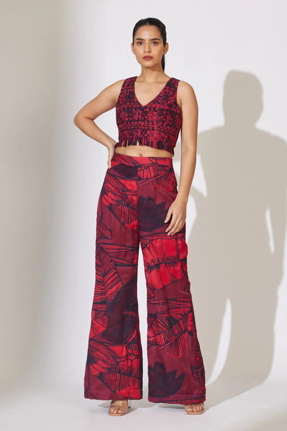 Red And Maroon Floral Embroidered Pants
