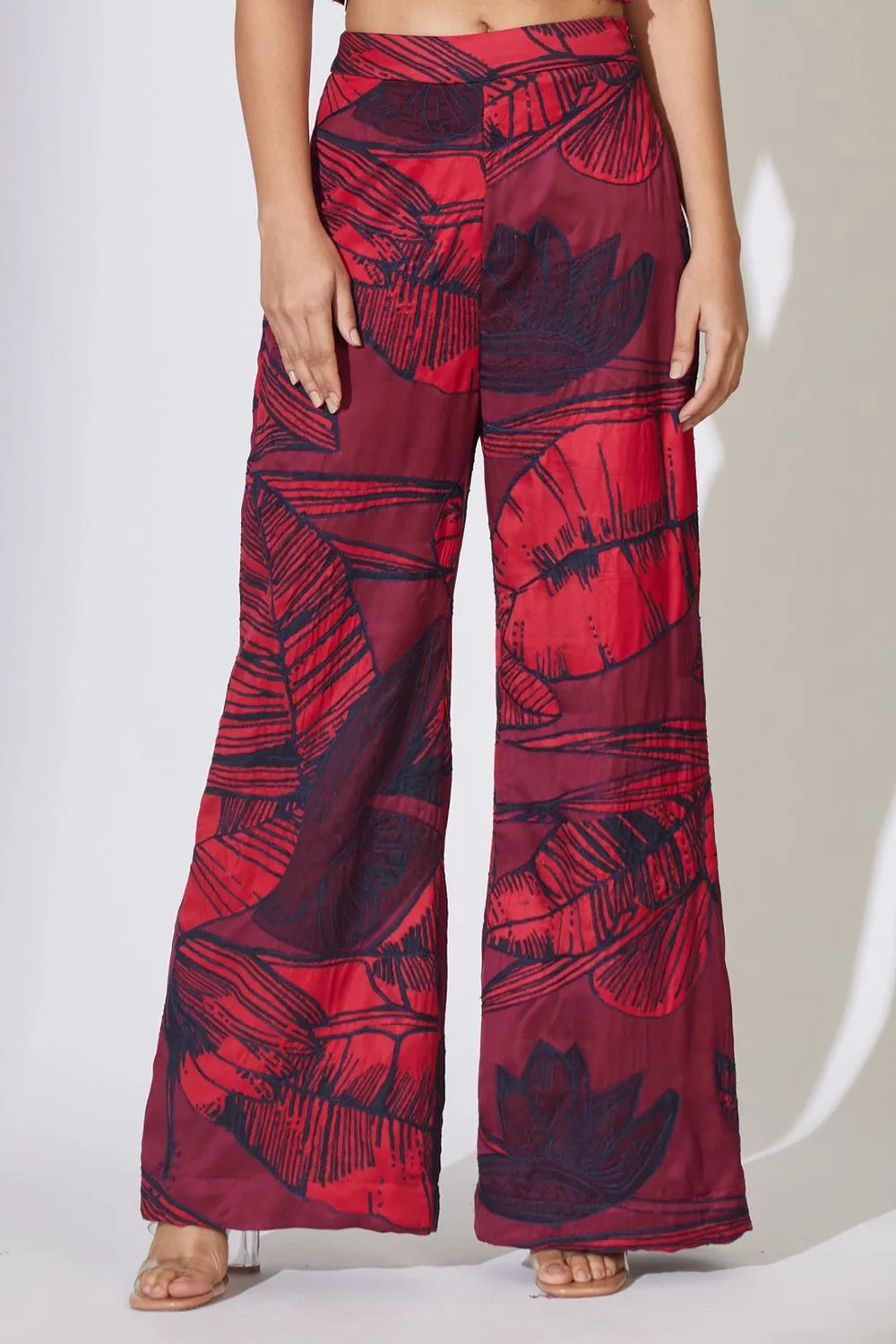 Red And Maroon Floral Embroidered Pants