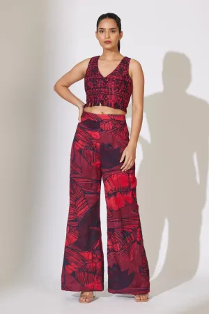 Red And Maroon Floral Embroidered Pants