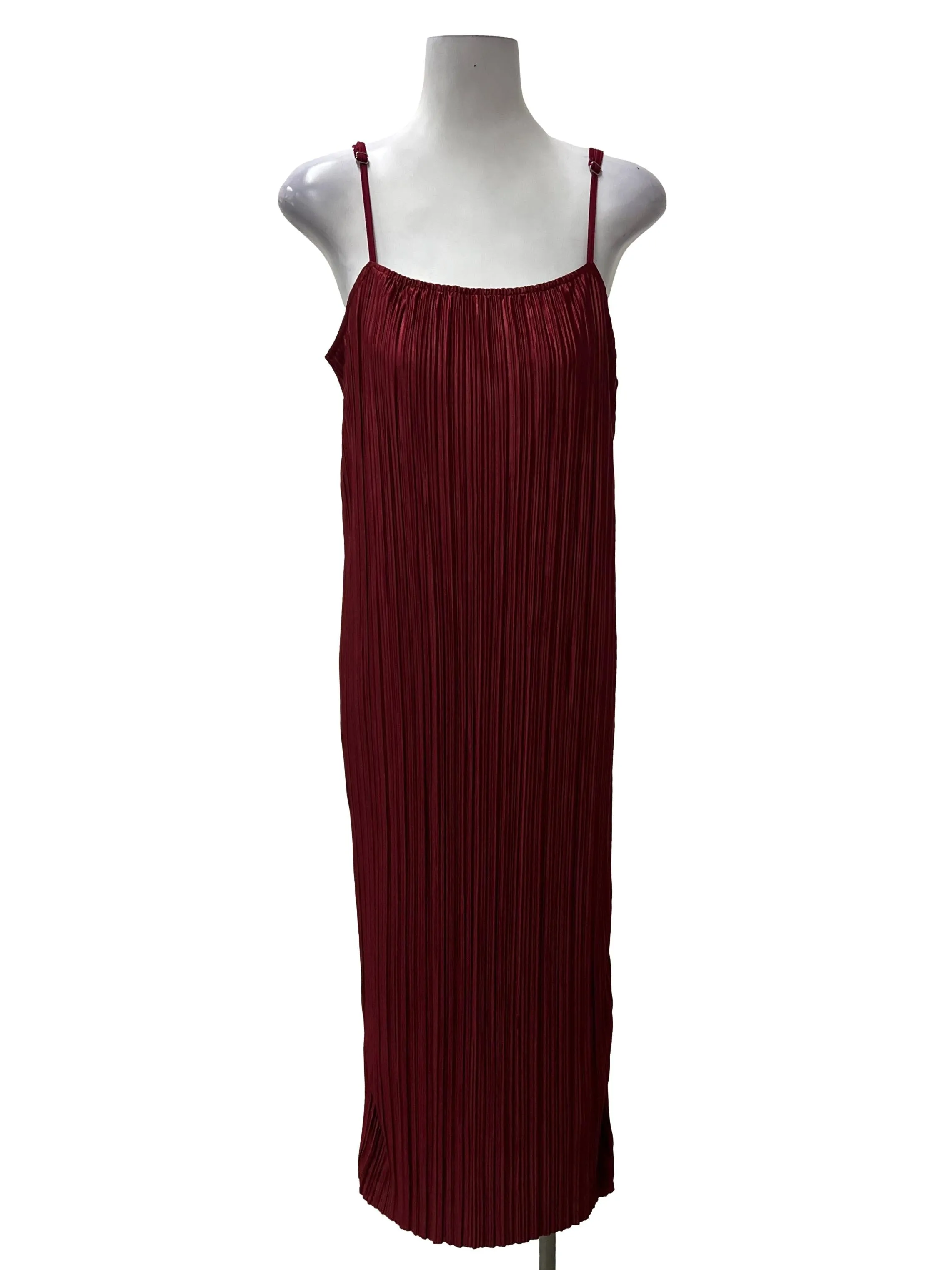 Red Pleated Satin Slip Dress