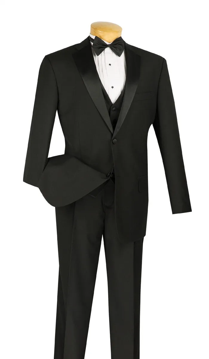 Regular Fit 4 Piece Tuxedo with Vest Bow Tie Adjustable Waistband (Black) 4TV-2