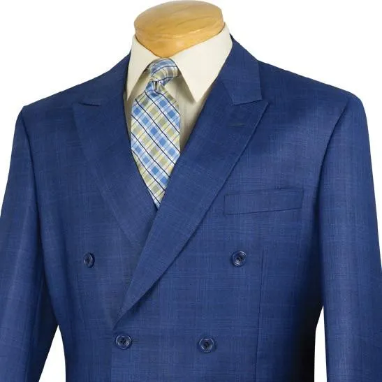Regular Fit Double Breasted Glen Plaid 2 Piece Suit (Blue) DRW-1