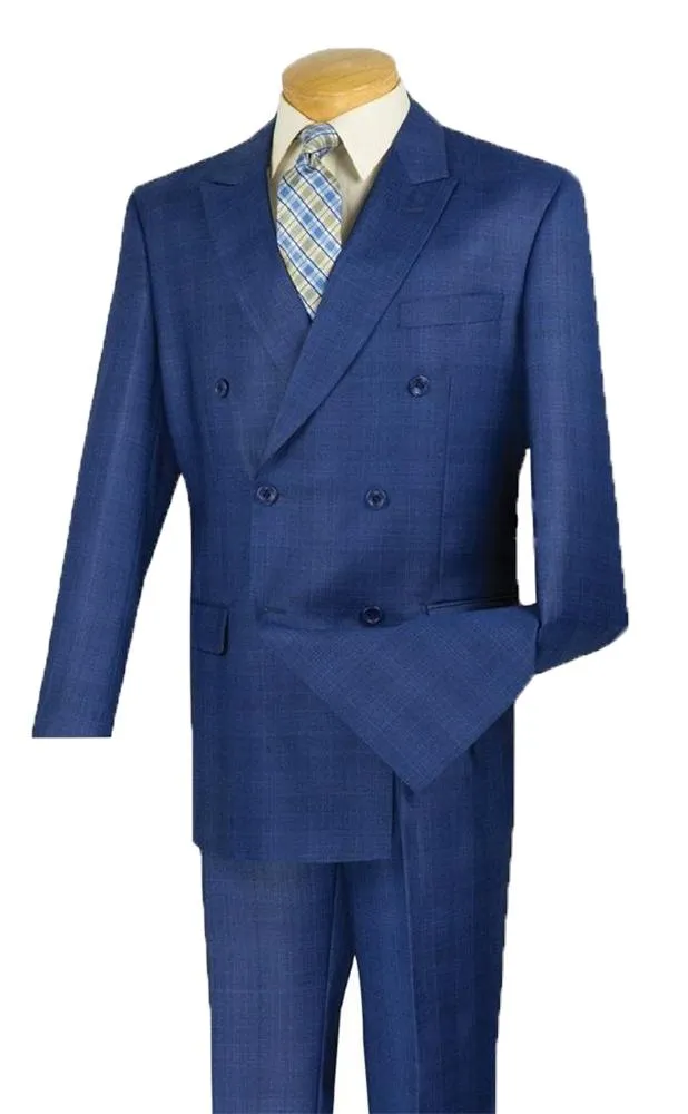Regular Fit Double Breasted Glen Plaid 2 Piece Suit (Blue) DRW-1