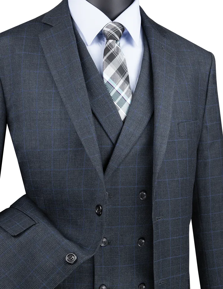 Regular Fit Glen Plaid 2 Button 3 Piece Suit (Charcoal) V2RW-13