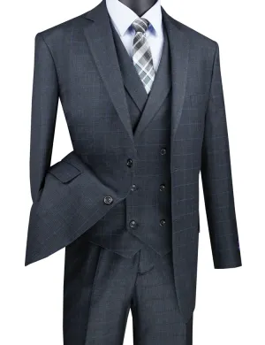 Regular Fit Glen Plaid 2 Button 3 Piece Suit (Charcoal) V2RW-13