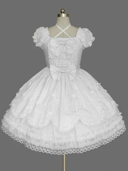 Rococo Lolita Dress JSK Lace Ruffles Bow Decor Pleated Cotton Lolita Jumper Skirt