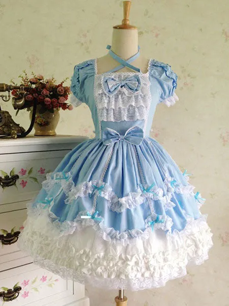 Rococo Lolita Dress JSK Lace Ruffles Bow Decor Pleated Cotton Lolita Jumper Skirt