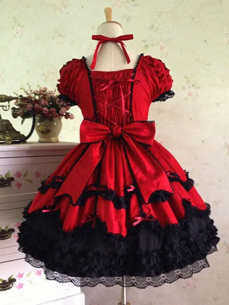Rococo Lolita Dress JSK Lace Ruffles Bow Decor Pleated Cotton Lolita Jumper Skirt