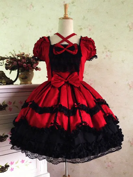 Rococo Lolita Dress JSK Lace Ruffles Bow Decor Pleated Cotton Lolita Jumper Skirt
