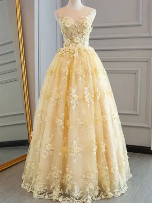 Round Neck Appliques Yellow Lace Prom, Yellow Lace Formal, Yellow Evening