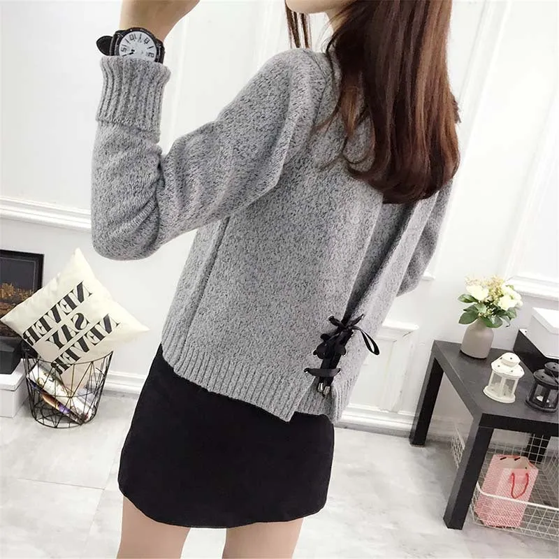 Round Neck Slit Long Sleeve Knit Sweater