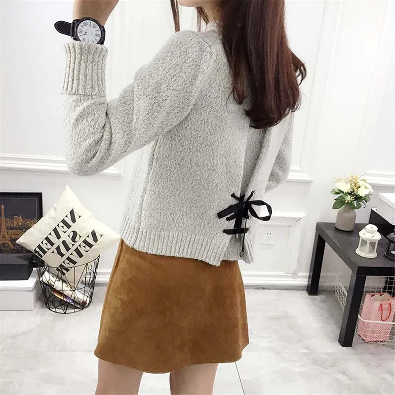 Round Neck Slit Long Sleeve Knit Sweater