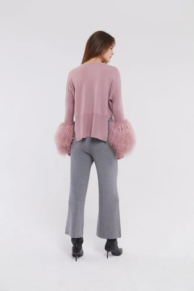 Round Neck Sweater with Shearling Cuff in Blush