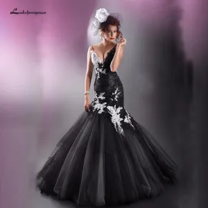 Roycebridal Lakshmigown Gothic Black White Mermaid Wedding Dress 2019 Trouwjurk Vintage Lace Bridal Gown Sexy Women Long Wedding Gowns