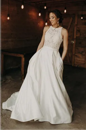 Roycebridal Satin A-line Lace Illusion Halter Neck Wedding Dresses With Sweep Train, MW611