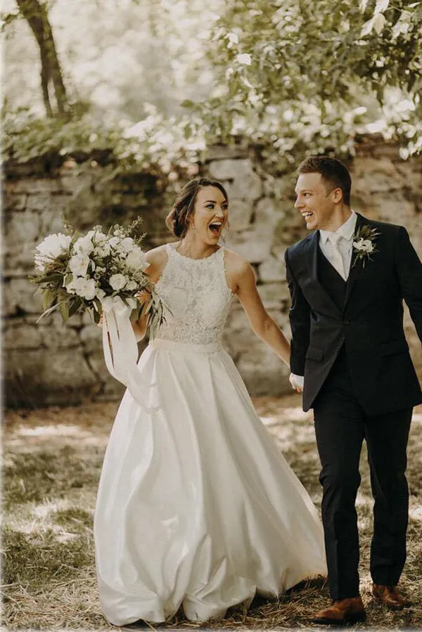 Roycebridal Satin A-line Lace Illusion Halter Neck Wedding Dresses With Sweep Train, MW611