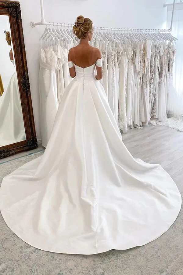Roycebridal Satin Ball Gown Off-the-Shoulder Wedding Dresses With Court Train, MW906