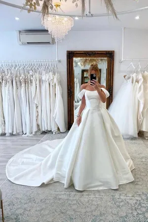 Roycebridal Satin Ball Gown Off-the-Shoulder Wedding Dresses With Court Train, MW906