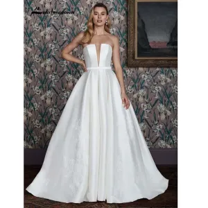 Roycebridal Satin Wedding Dresses A Line Sweetheart Sweep Train Ruffles