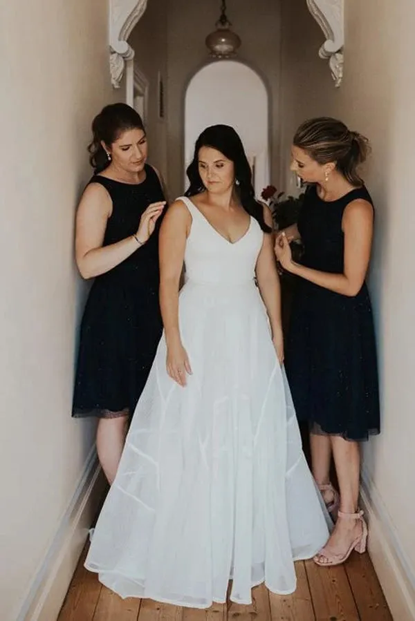 Roycebridal Simple Chiffon A-line V-neck Sweep Train Sleeveless Wedding Dress,MW446