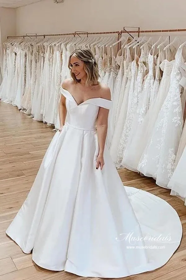 Roycebridal Simple Satin A-line Off-the Shoulder Wedding Dresses With Court Train, MW933