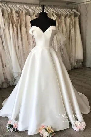 Roycebridal Simple Satin A-line Off-the Shoulder Wedding Dresses With Court Train, MW933