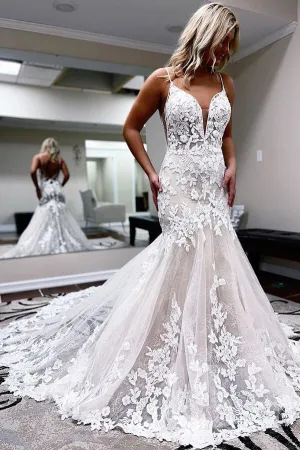 Roycebridal Tulle A-line Spaghetti Straps Mermaid Wedding Dress With Lace Appliques, MW660
