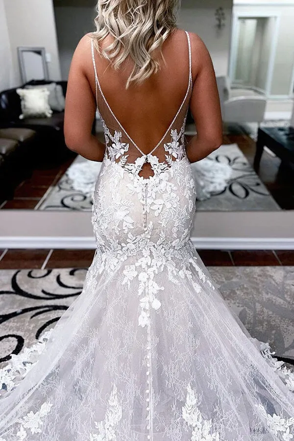 Roycebridal Tulle A-line Spaghetti Straps Mermaid Wedding Dress With Lace Appliques, MW660