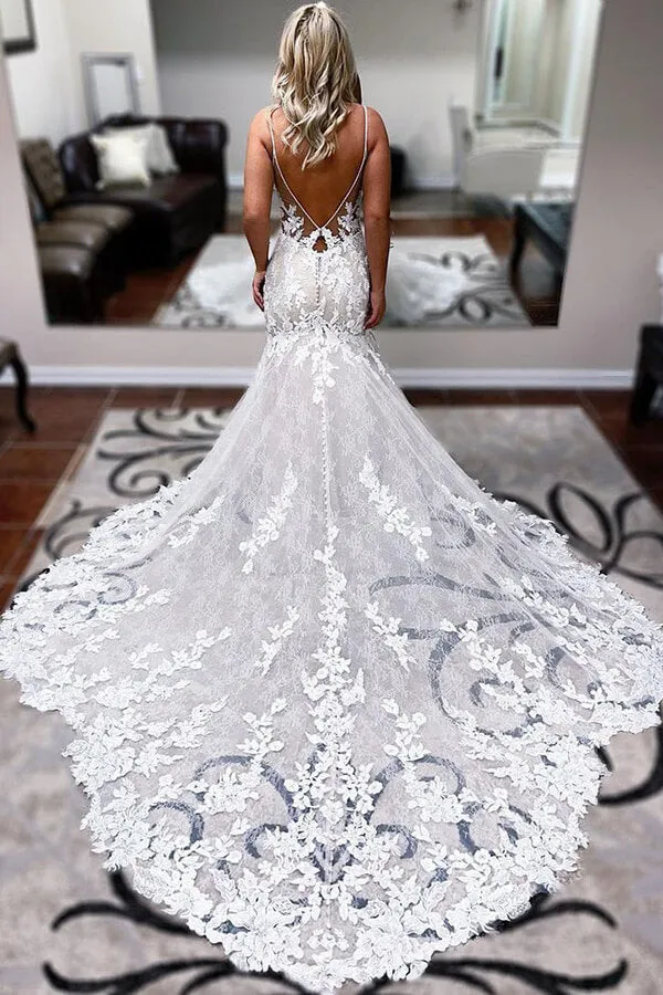 Roycebridal Tulle A-line Spaghetti Straps Mermaid Wedding Dress With Lace Appliques, MW660