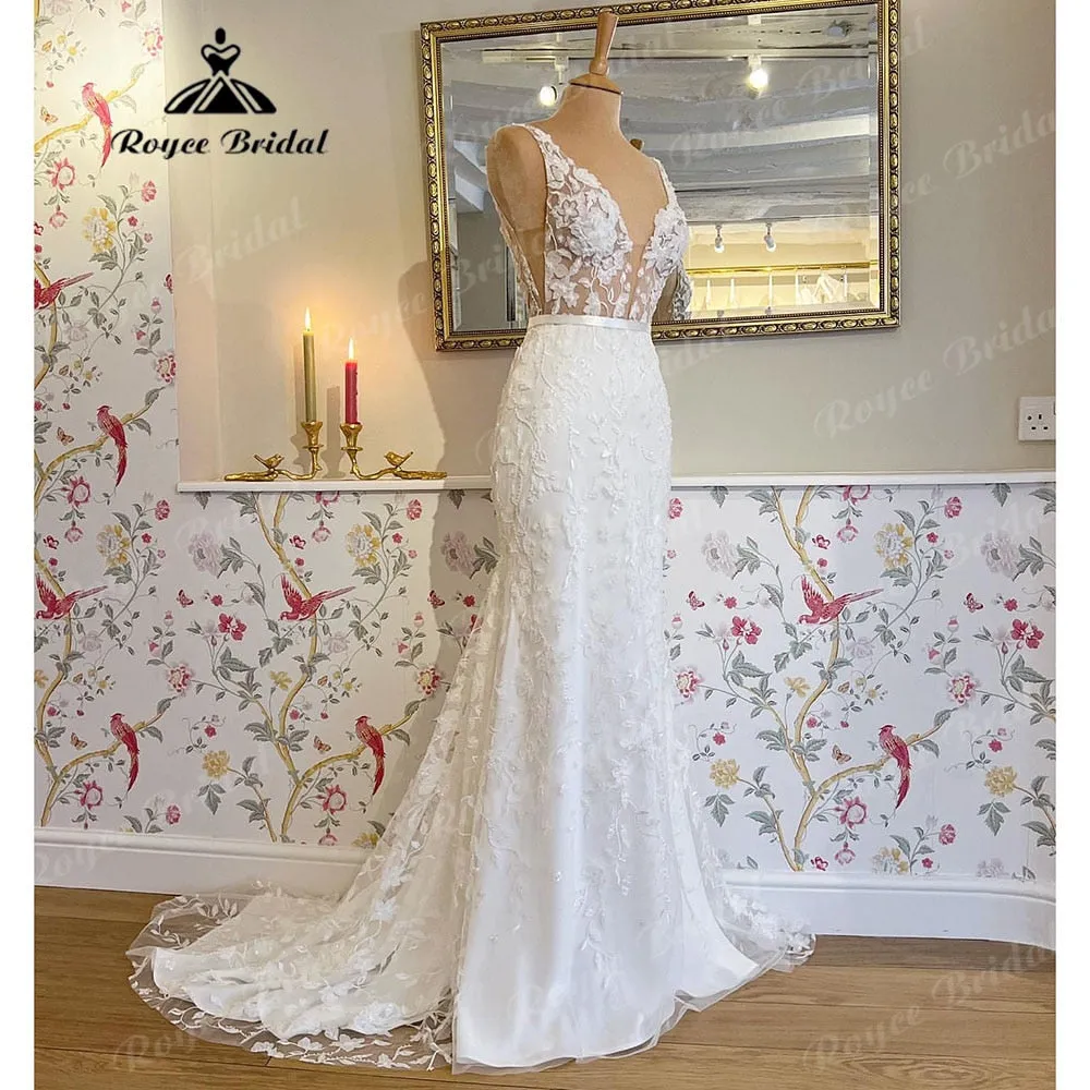 Roycebridal Vintage Lace Floral Mermaid/Trumpet Women Wedding Dress with Deep V Neck 2025 Wedding Gowns for Bridal robe de marie