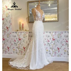 Roycebridal Vintage Lace Floral Mermaid/Trumpet Women Wedding Dress with Deep V Neck 2025 Wedding Gowns for Bridal robe de marie